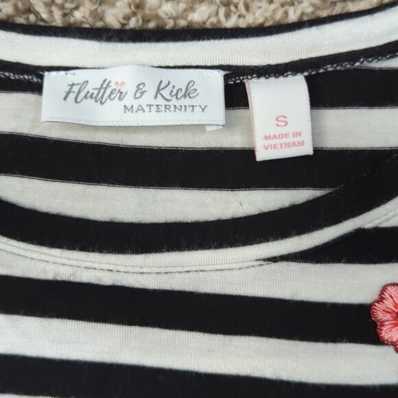 Flutter & Kick Maternity Small Black White Striped Dress Floral Applique - Picture 4 of 9